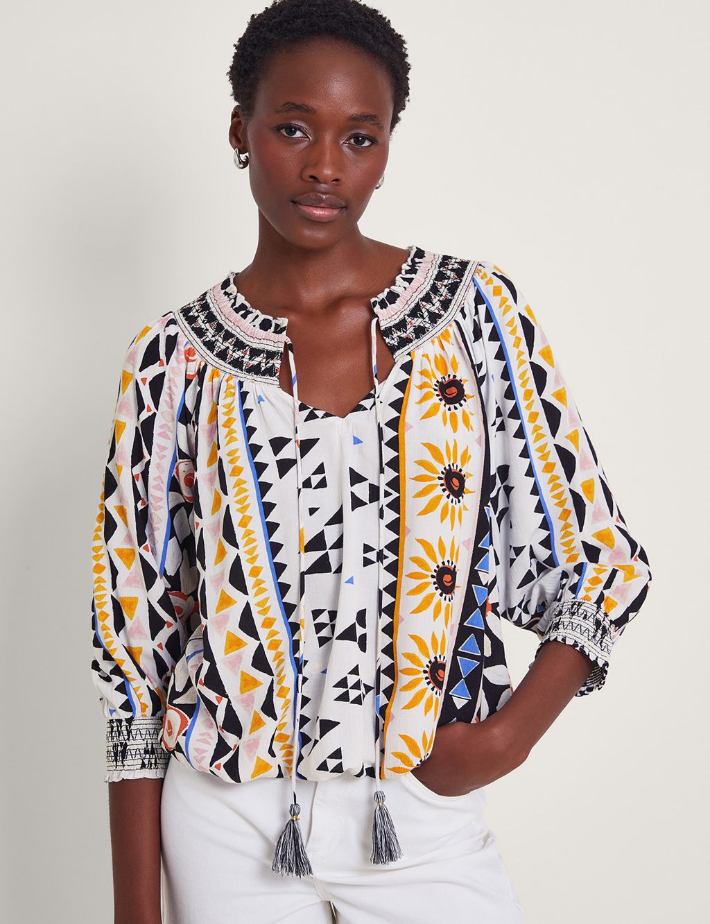 Printed Tie Neck Shirred Detail Blouse