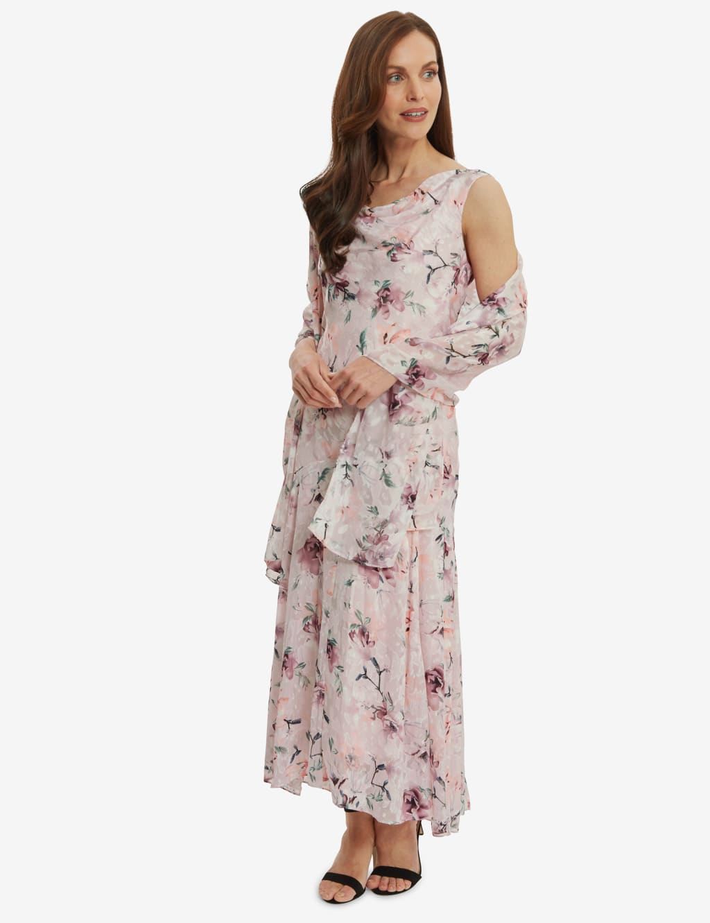 Chiffon Floral Midi Shift Dress with Shawl image 1