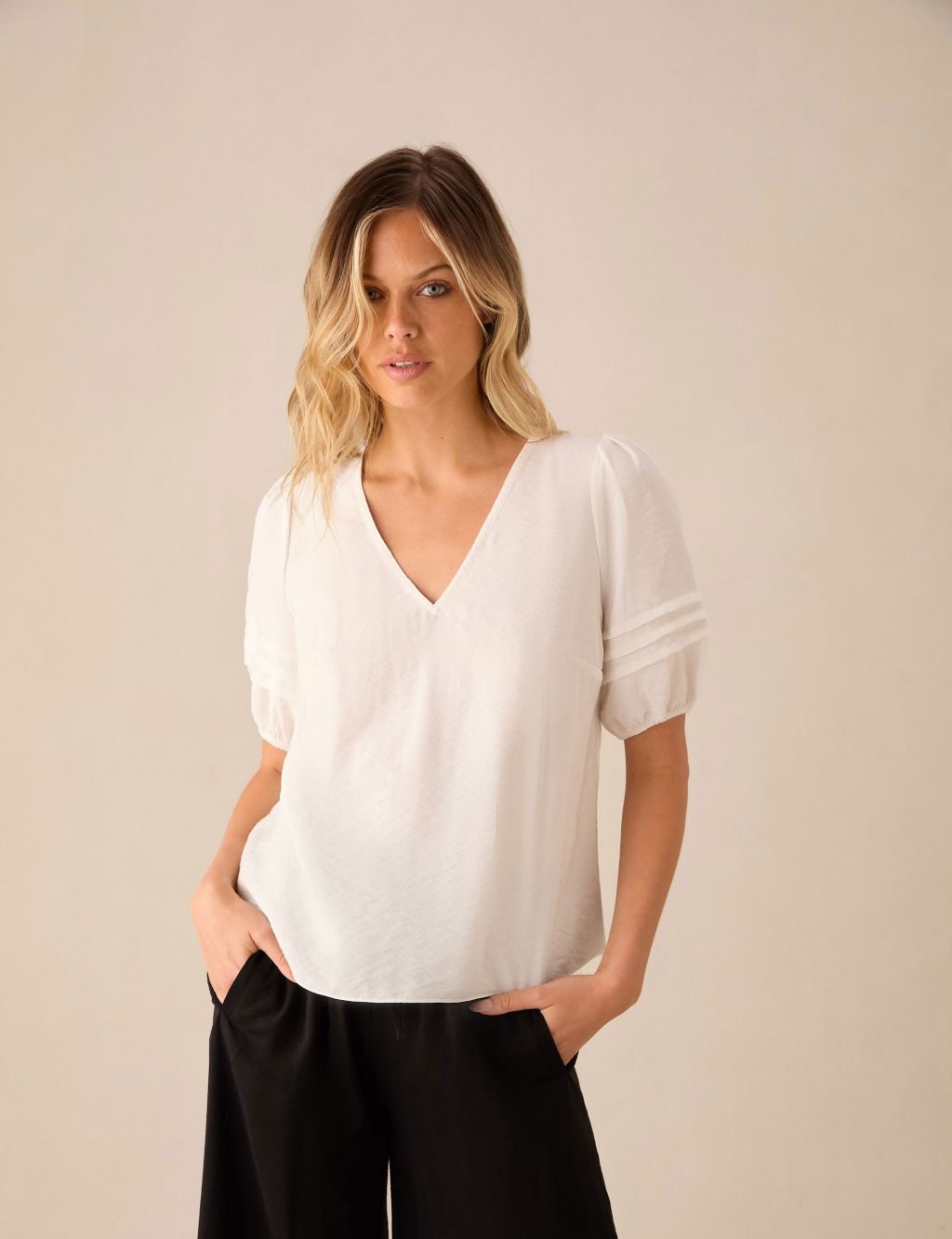 V-Neck Pleat Detail Puff Sleeve Top