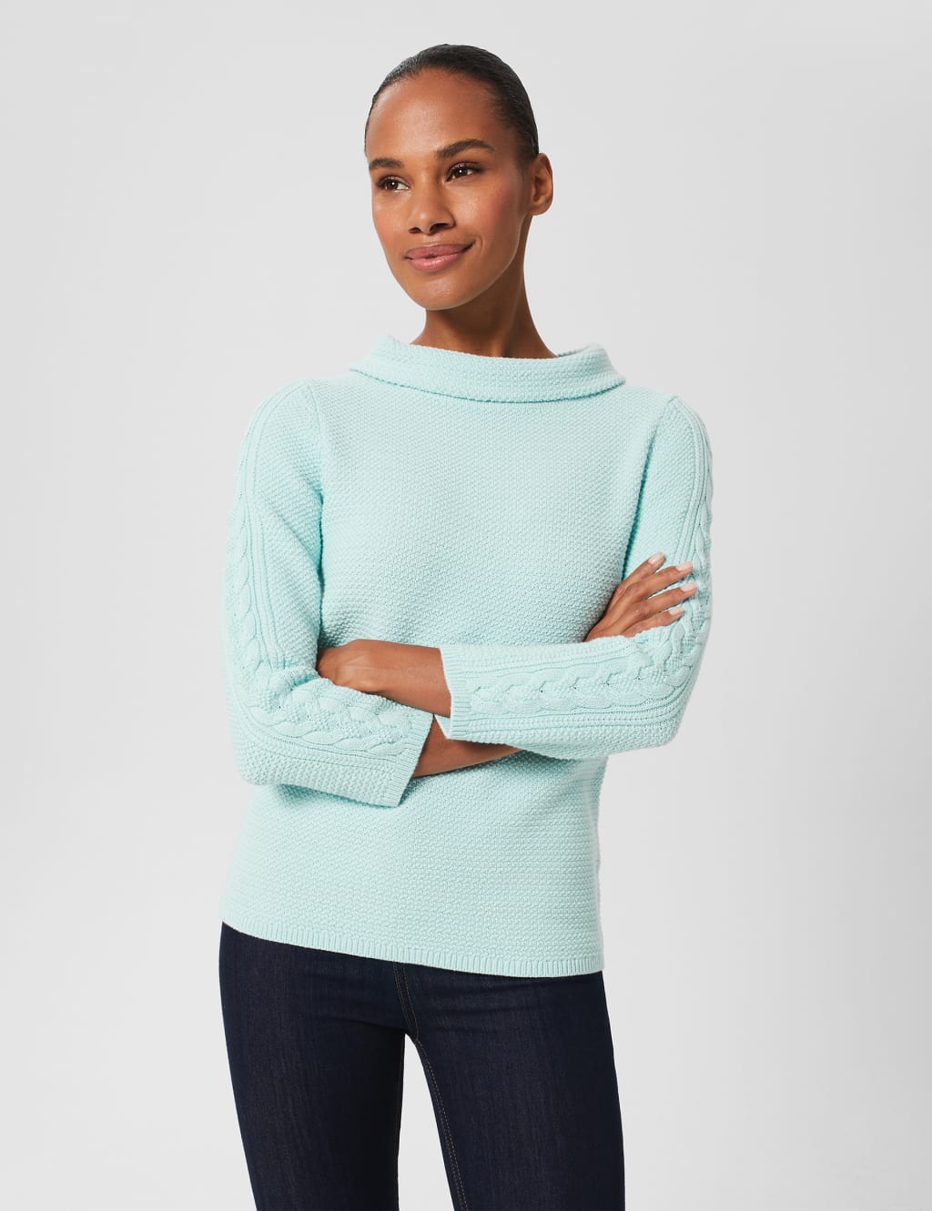 Pure Cotton Cable Knit Funnel Neck Jumper image 1