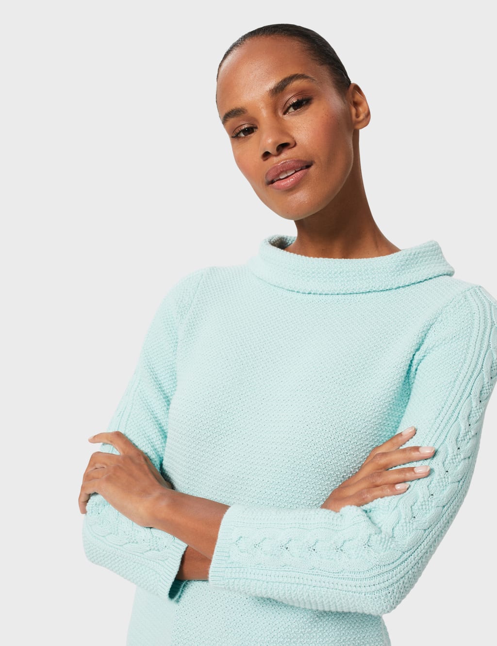 Pure Cotton Cable Knit Funnel Neck Jumper image 3