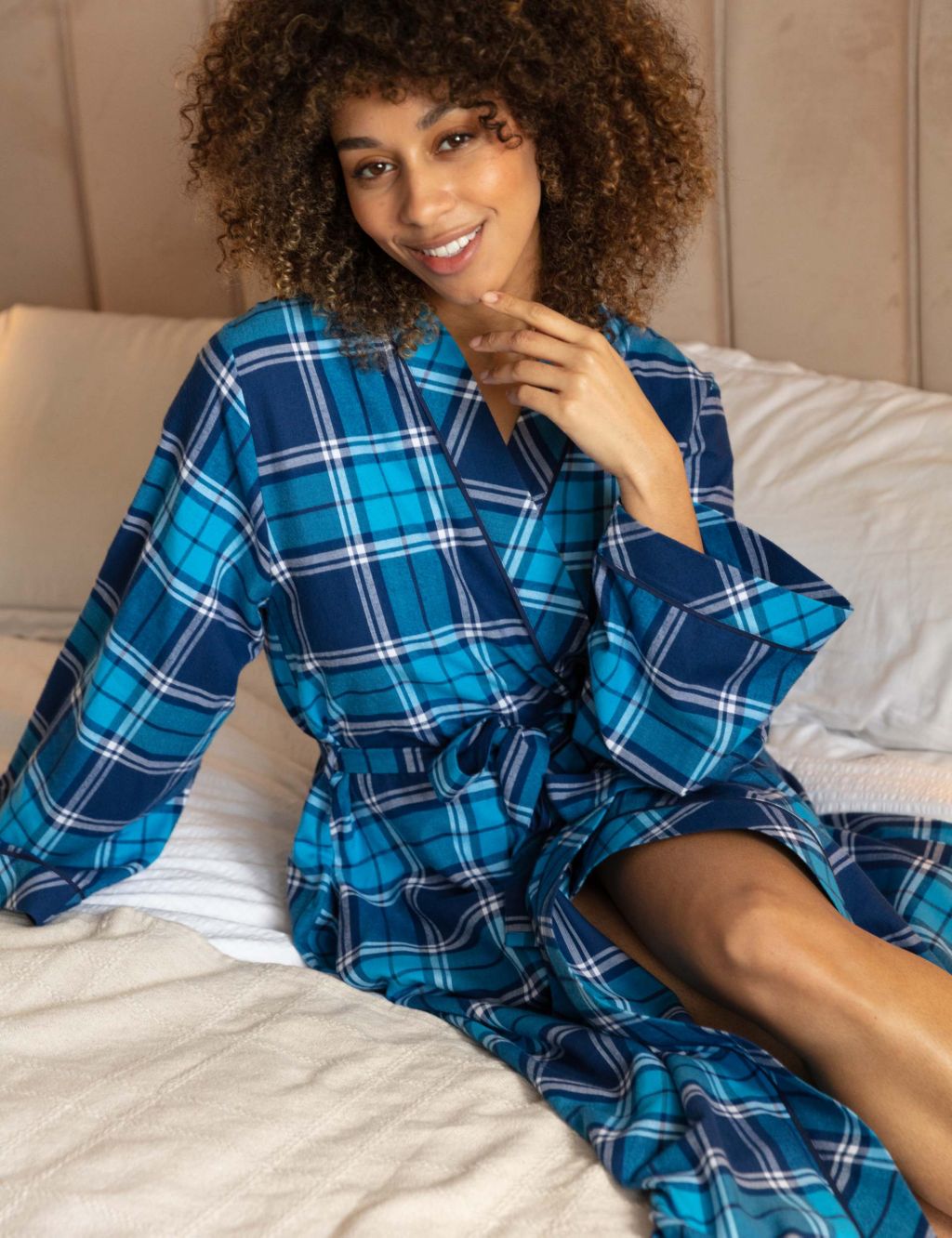 Pure Cotton Checked Long Dressing Gown image 3