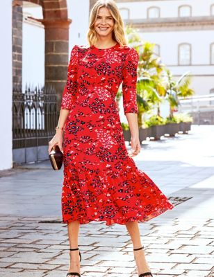 Sosandar Womens Red Animal Print Ruffle Hem Dress - 12 - Red Mix, Red Mix