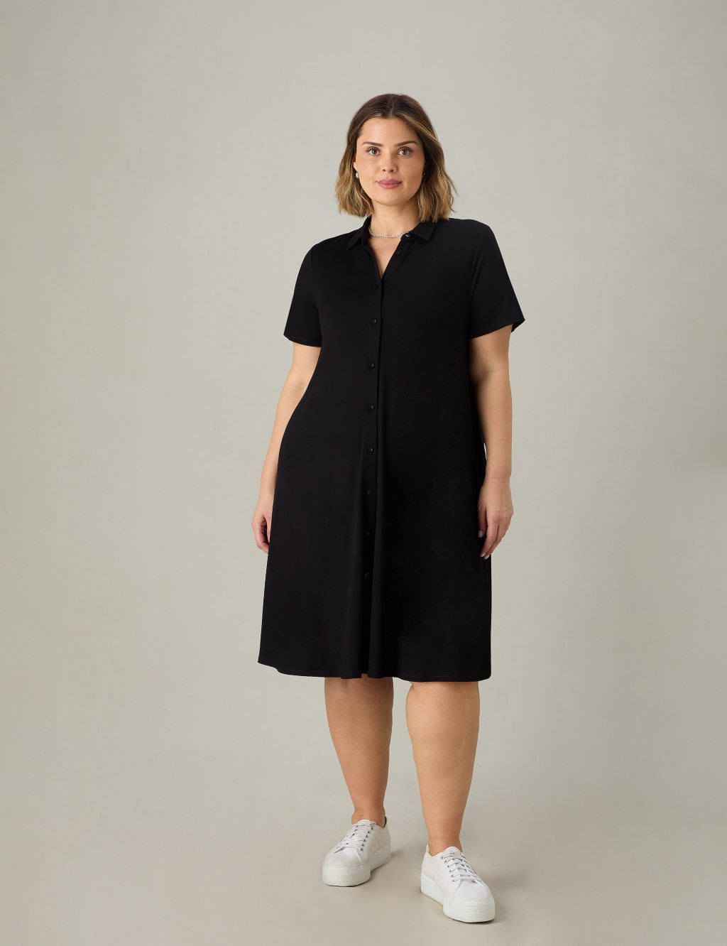 Jersey Collared Knee Length Shirt Dress