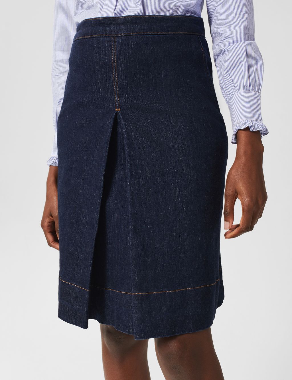 Denim Pleated Knee Length Skirt image 2