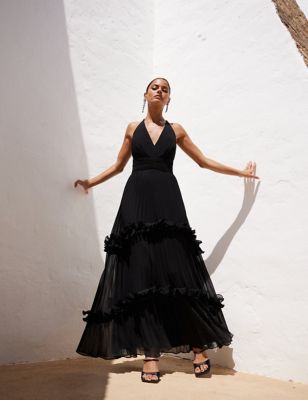 Ro&Zo Womens V-Neck Pleated Frill Detail Maxi Tiered Dress - 16REG - Black, Black,Red