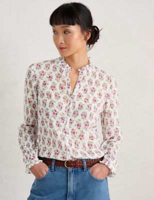Seasalt Cornwall Women's Pure Cotton Floral High Neck Shirt - 20 - White Mix, White Mix