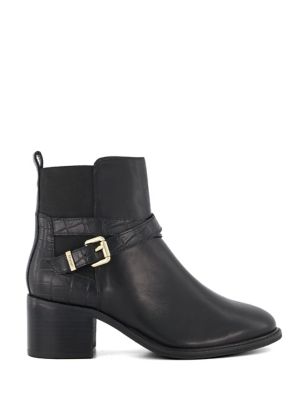 Dune London Womens Leather Buckle Block Heel Ankle Boots - 8 - Black, Black