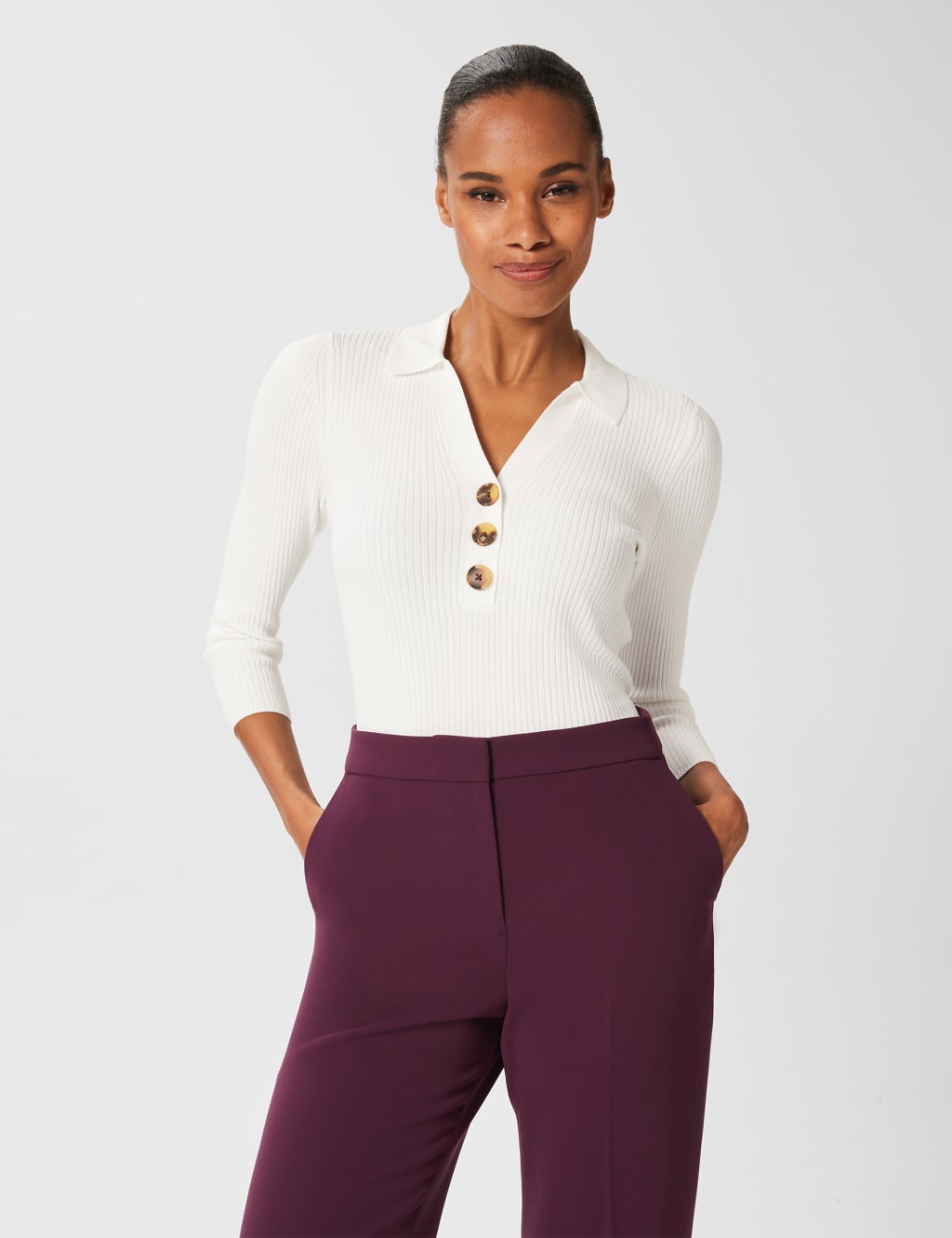 Ribbed Collared V-Neck Button Detail Top image 1