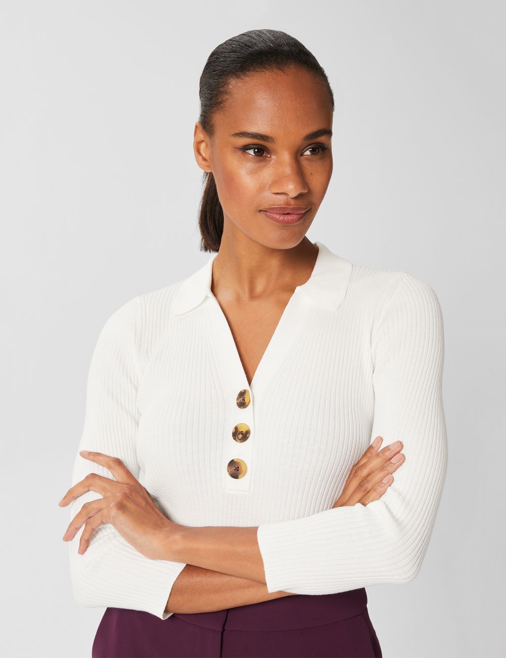 Ribbed Collared V-Neck Button Detail Top image 3