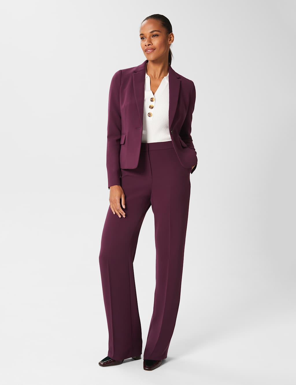 Ribbed Collared V-Neck Button Detail Top image 4