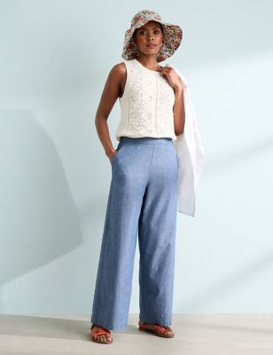 Seasalt Cornwall Women's Cotton Rich Wide Leg Cropped Trousers - 16 - Blue, Blue