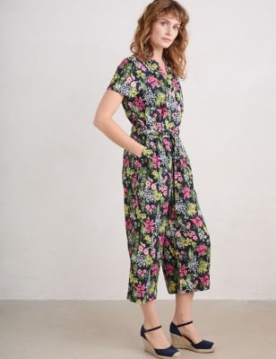 Seasalt Cornwall Womens Pure Linen Floral Belted Cropped Jumpsuit - 10 - Navy Mix, Navy Mix