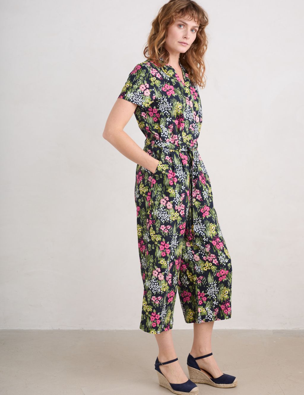 Pure Linen Floral Belted Cropped Jumpsuit