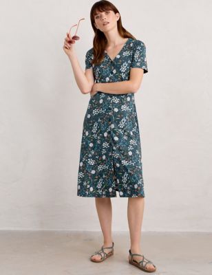 Seasalt Cornwall Womens Cotton Rich Floral V-Neck Midi Waisted Dress - 16 - Teal Mix, Teal Mix