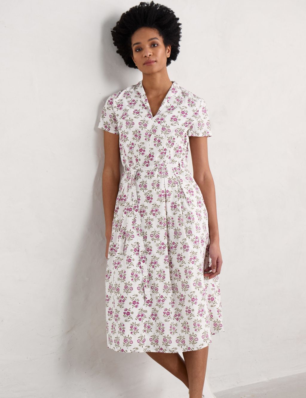 Pure Cotton Floral Collared Midi Waisted Dress