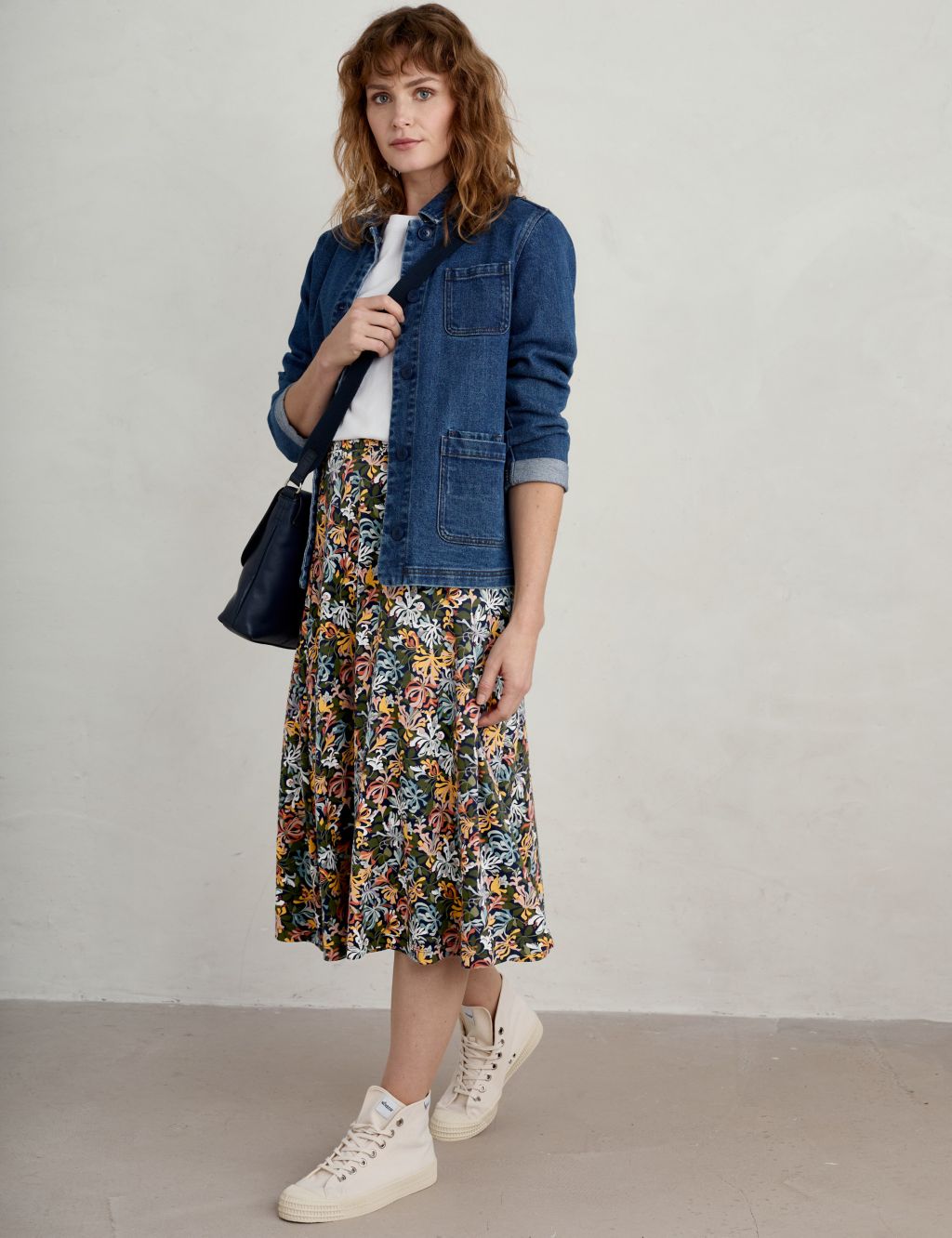 Cotton Rich Floral Midi A-Line Skirt