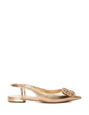 Dune London Womens Leather Embellished Flat Slingback Shoes - 4 - Gold, Gold