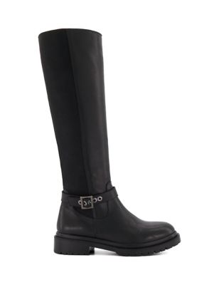Dune London Women's Leather Buckle Flat Knee High Boots - 8 - Black, Black