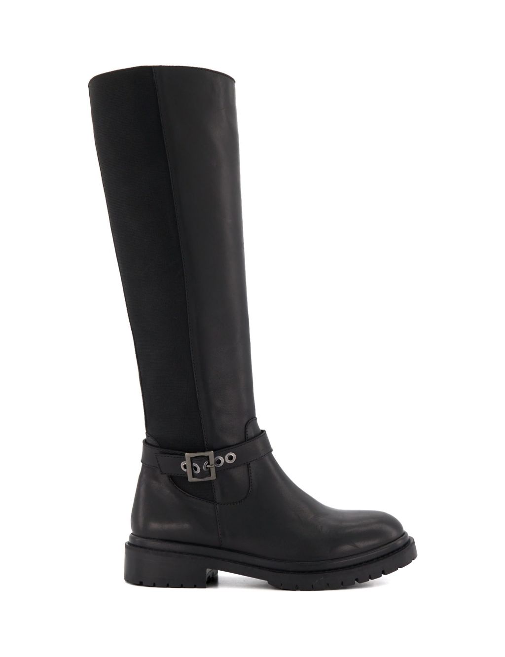 Leather Buckle Flat Knee High Boots