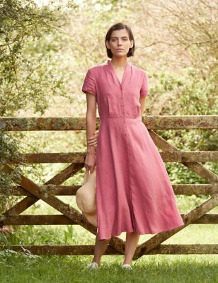 Seasalt Cornwall Womens Pure Linen V-Neck Midi Waisted Dress - 16 - Pink, Pink,Green,Purple