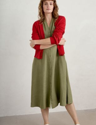 Pure Linen V-Neck Midi Waisted Dress
