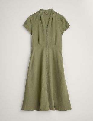 Pure Linen V-Neck Midi Waisted Dress