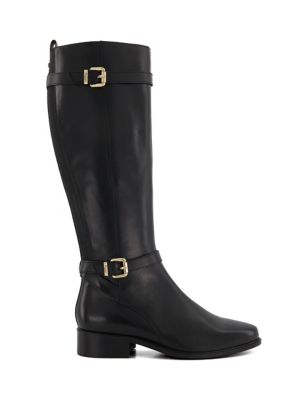 Dune London Womens Leather Buckle Block Heel Knee High Boots - 4 - Black, Black,Tan