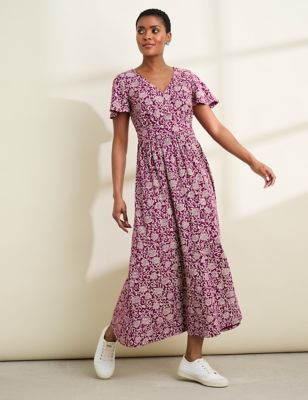 Seasalt Cornwall Womens Pure Cotton Floral V-Neck Midaxi Dress - 10 - Purple Mix, Purple Mix