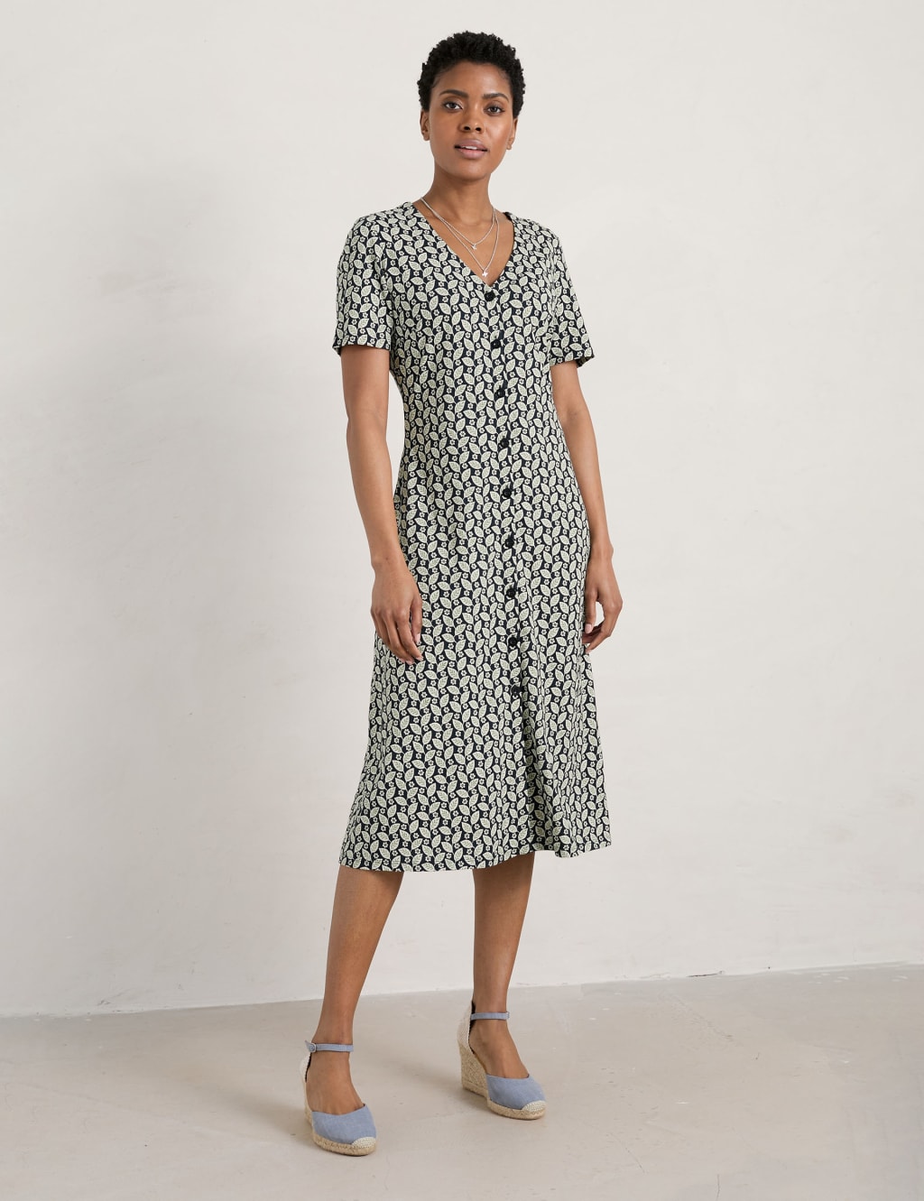 Cotton Rich Floral V-Neck Midi Waisted Dress image 1