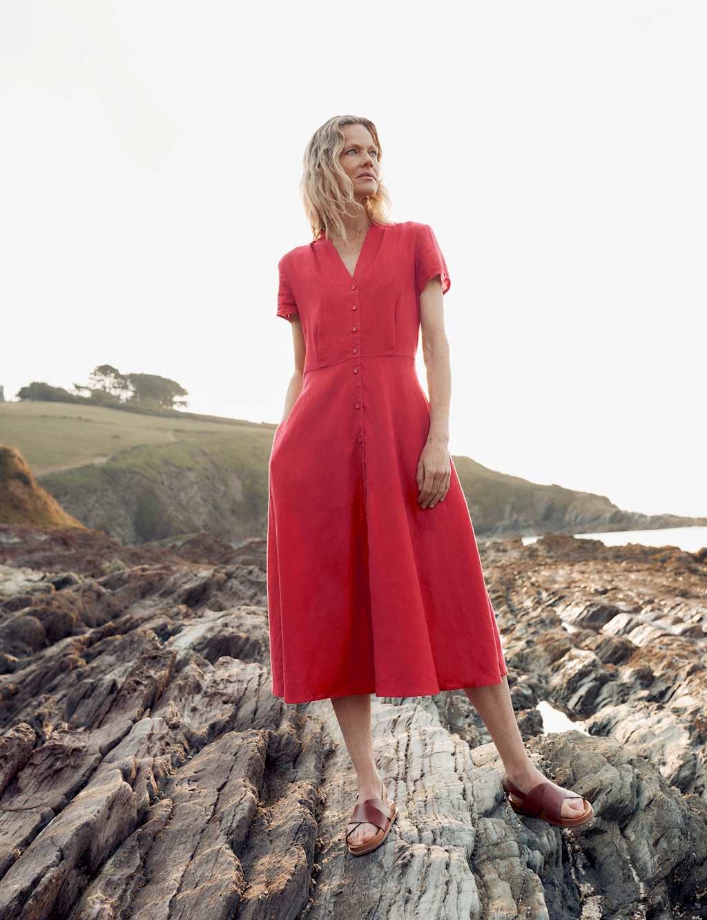 Pure Linen V-Neck Midi Shirt Dress image 1