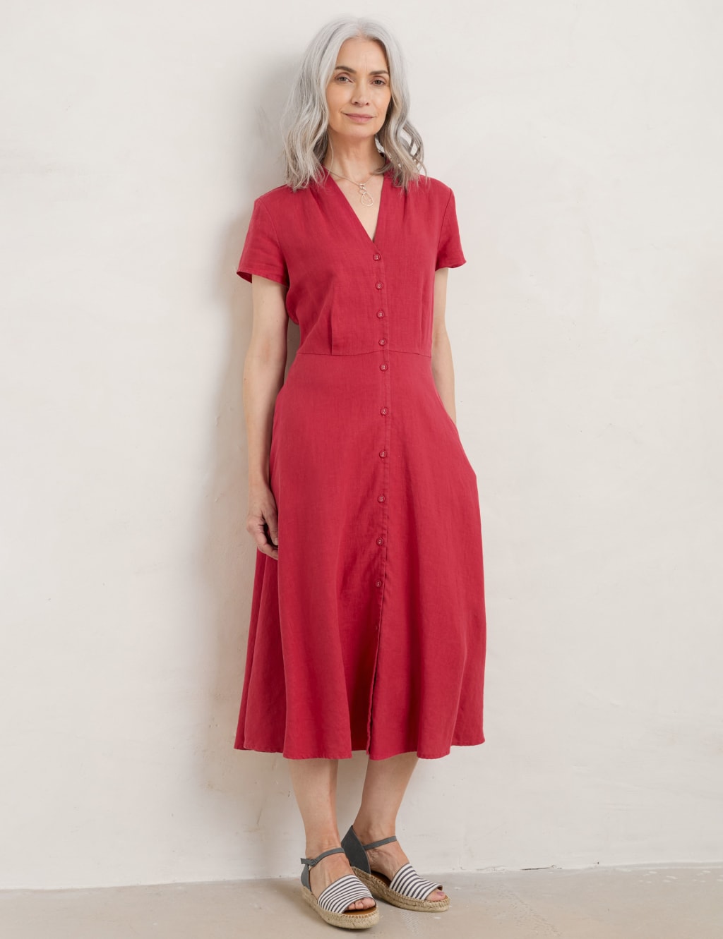 Pure Linen V-Neck Midi Shirt Dress image 2
