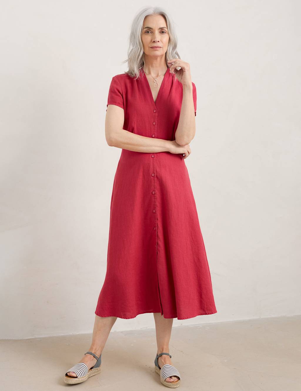Pure Linen V-Neck Midi Shirt Dress image 3