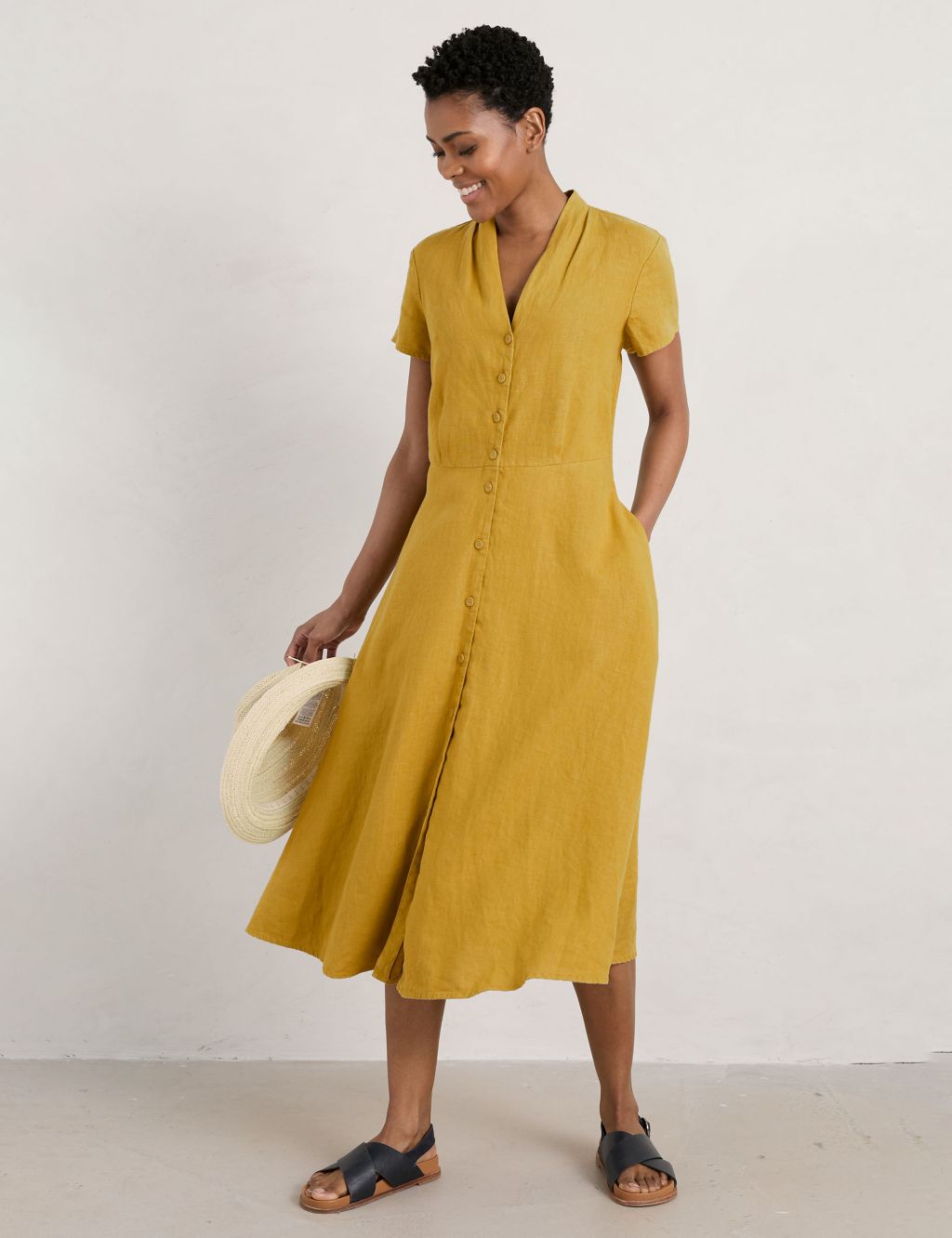 Pure Linen V-Neck Midi Shirt Dress image 1