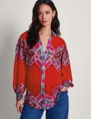 Monsoon Women's Long Sleeve Printed Blouse - Red Mix, Red Mix
