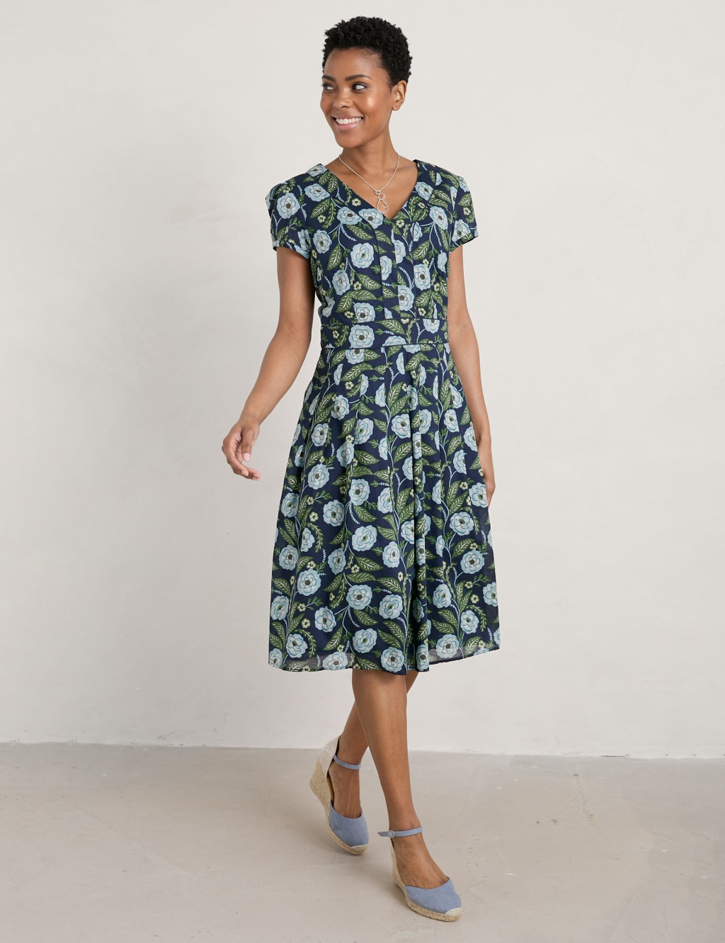 Organic Cotton Floral V-Neck Waisted Dress image 1