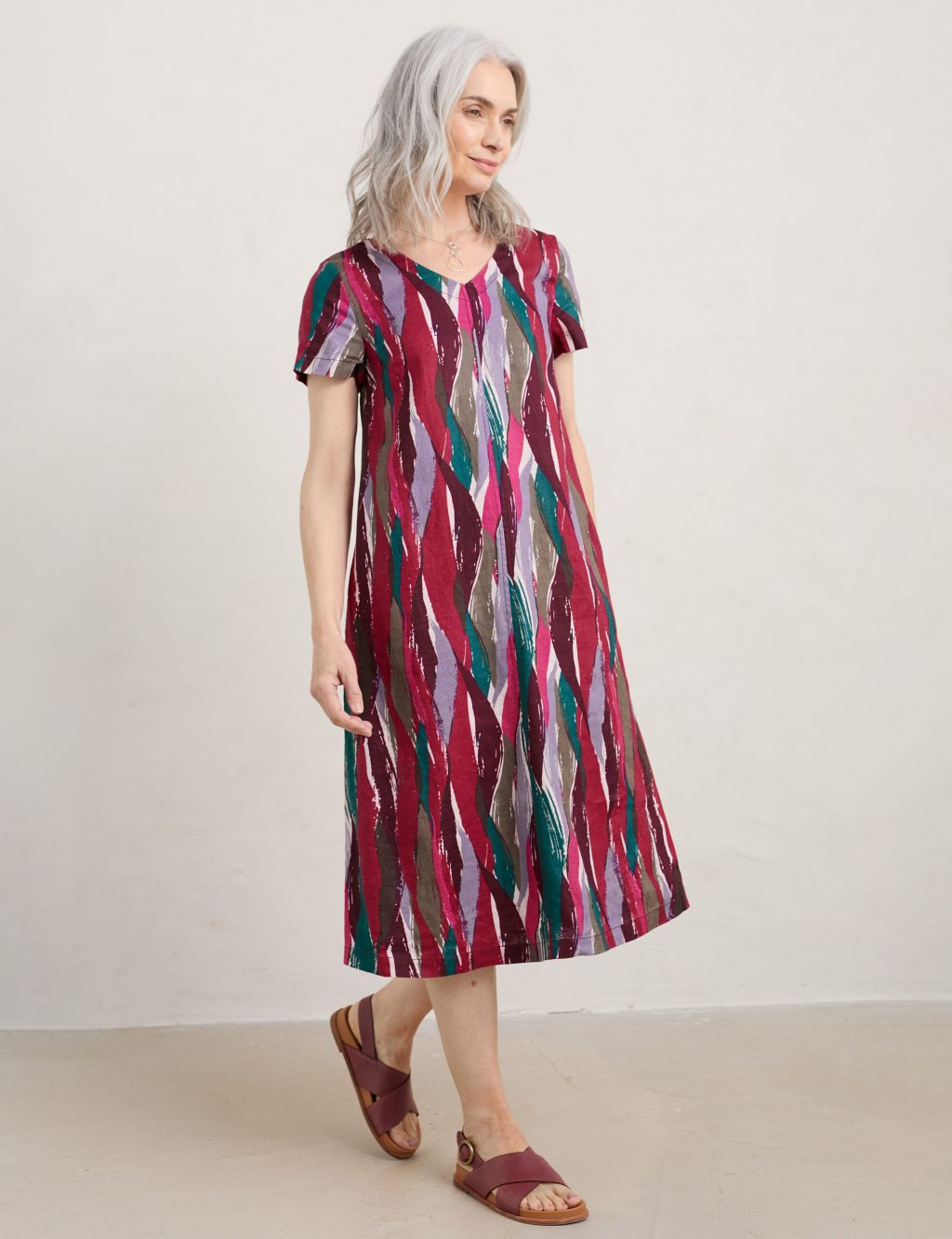 Pure Linen Printed V-Neck Midi Shift Dress image 1