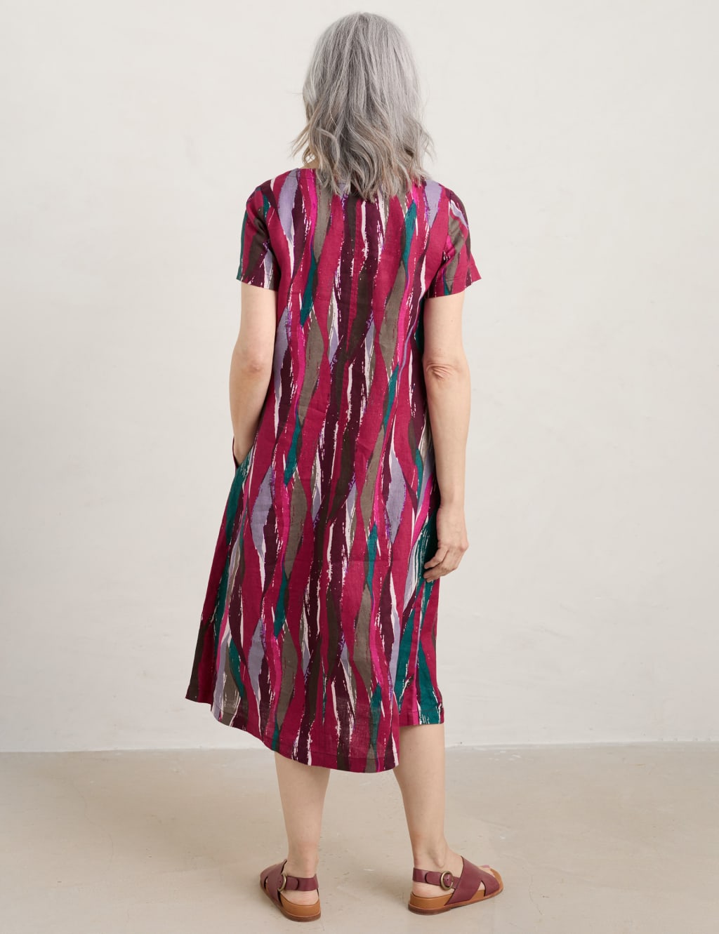Pure Linen Printed V-Neck Midi Shift Dress image 3