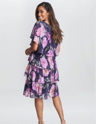 Gina Bacconi Womens Floral V-Neck Knee Length Tiered Dress - 24 - Navy Mix, Navy Mix,Blue Mix