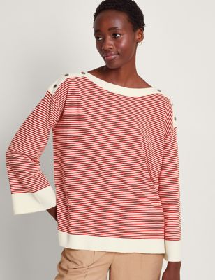 Monsoon Womens Striped Slash Neck Button Detail Jumper - Red Mix, Red Mix