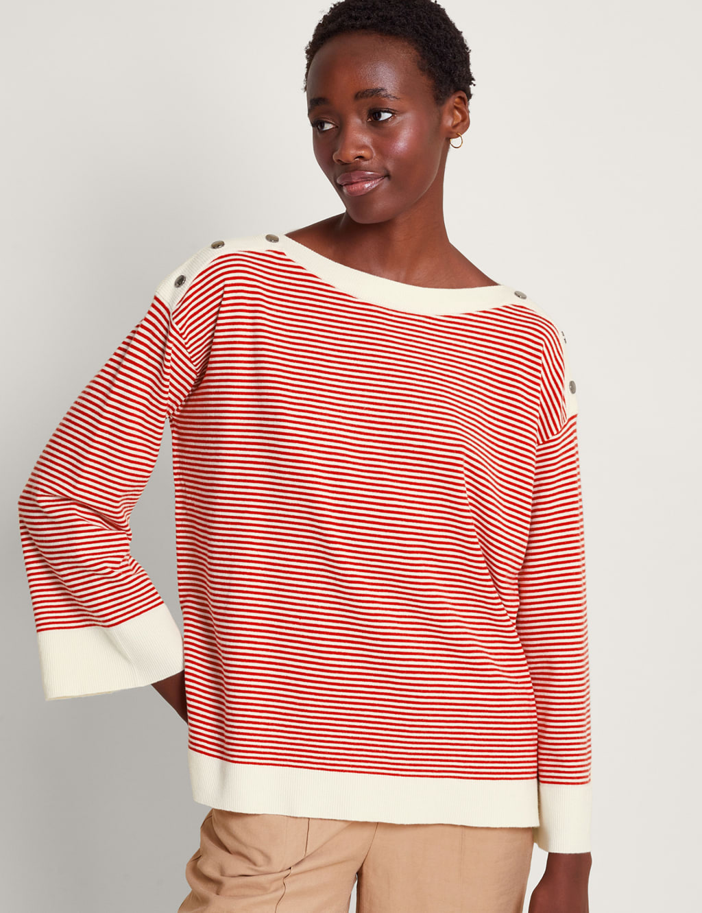 Striped Slash Neck Button Detail Jumper