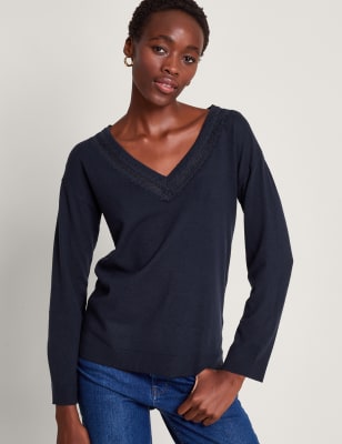 Monsoon Womens Lace Detail V-Neck Jumper - Navy, Navy