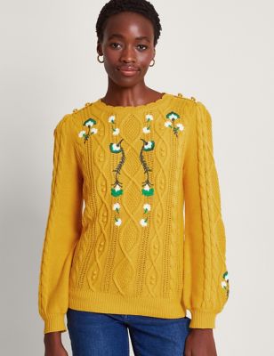 Monsoon Womens Pure Cotton Embroidered Cable Knit Jumper - S - Yellow Mix, Yellow Mix