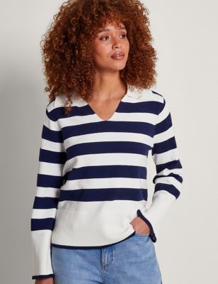 Monsoon Women's Striped Collared V-Neck Jumper - Ivory Mix, Ivory Mix