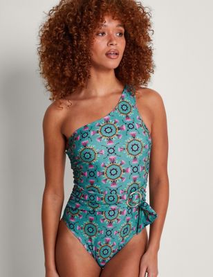 Monsoon Womens Printed Belted One Shoulder Swimsuit - 8 - Teal Mix, Teal Mix
