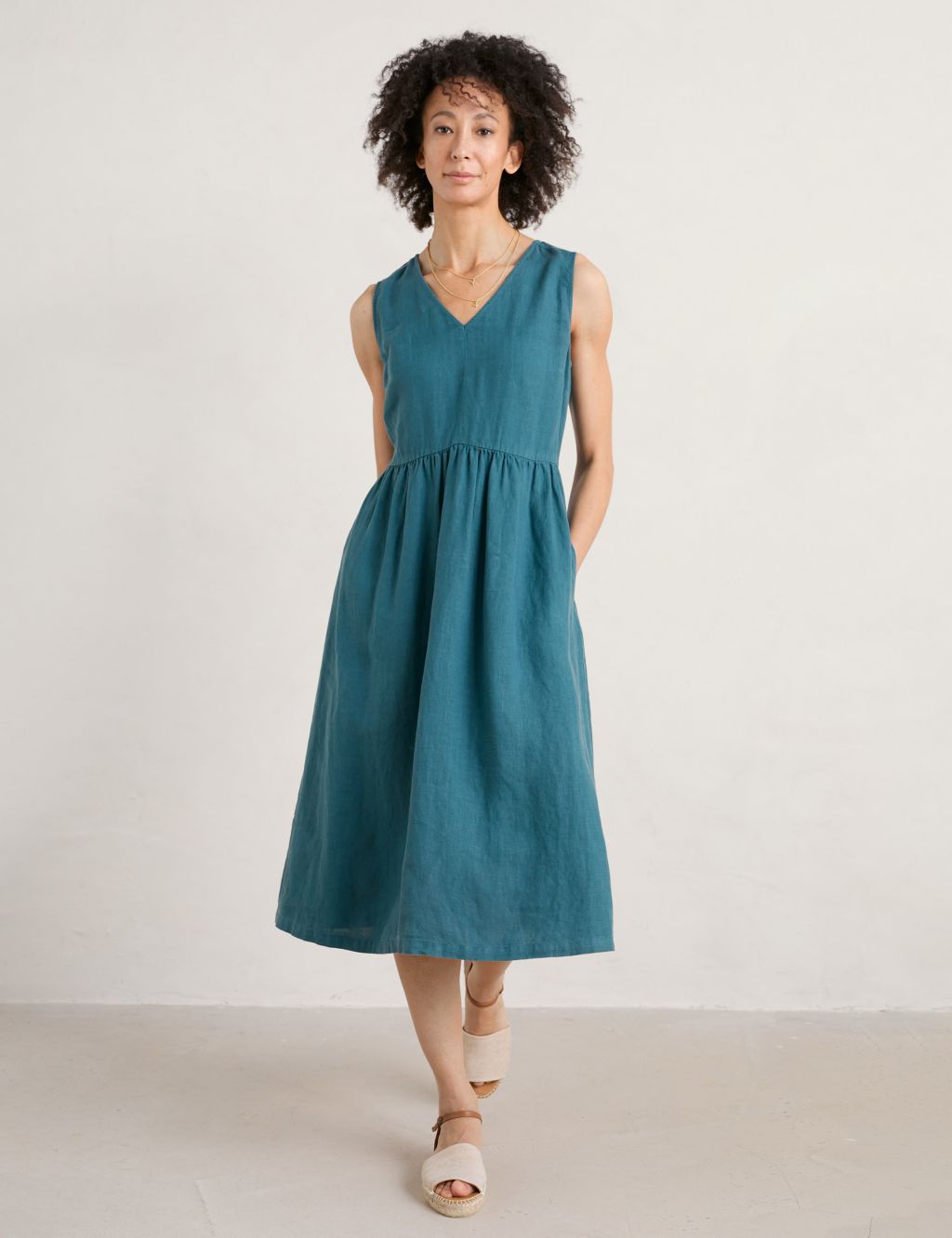 Pure Linen V-Neck Midi Waisted Dress image 1