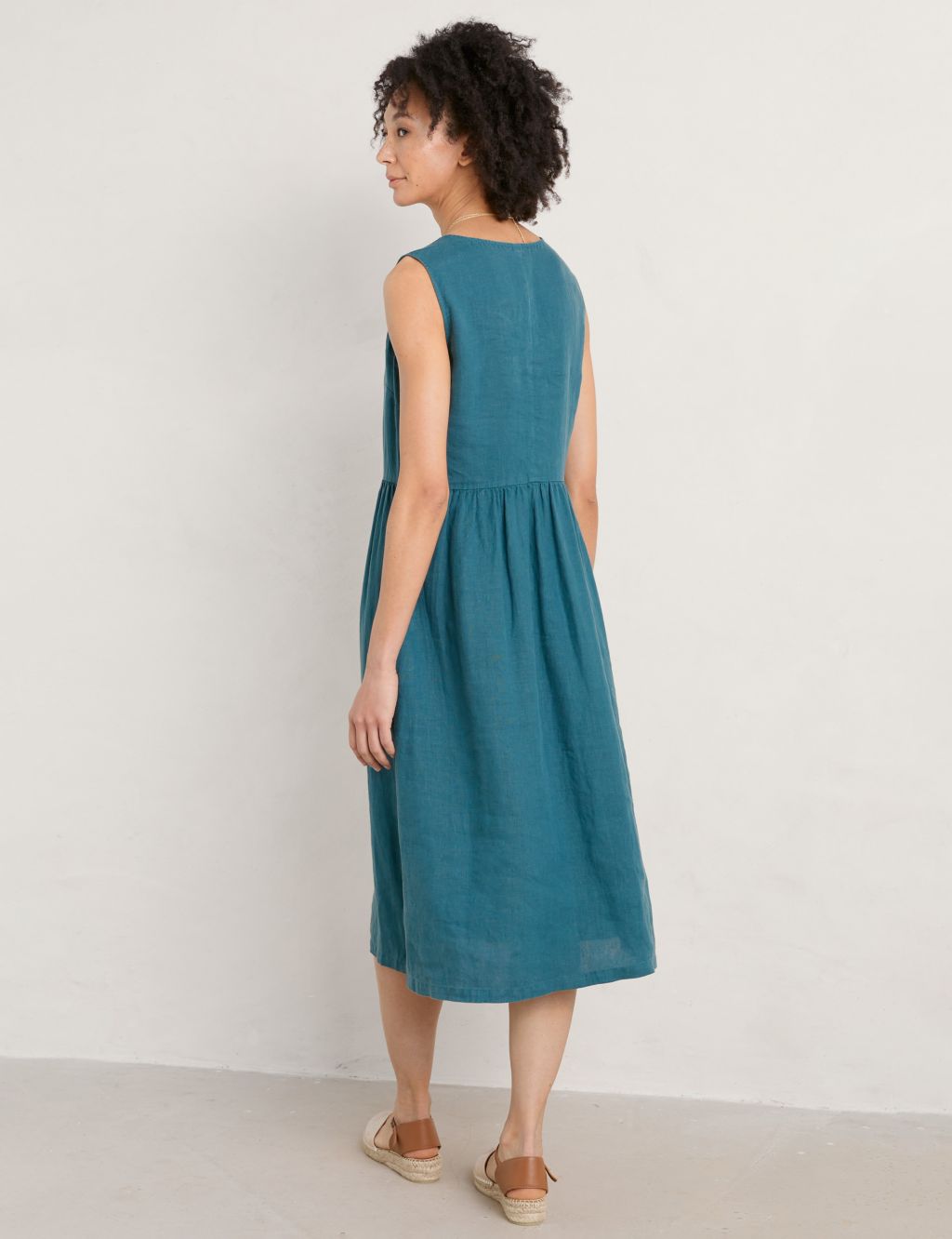 Pure Linen V-Neck Midi Waisted Dress image 3