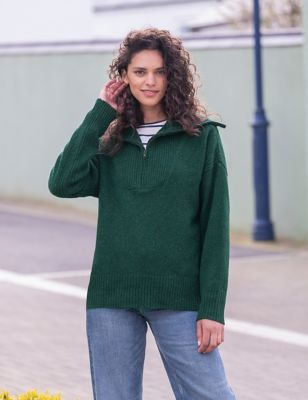 Celtic & Co. Womens Pure Wool Funnel Neck Half Zip Jumper - Dark Green, Dark Green