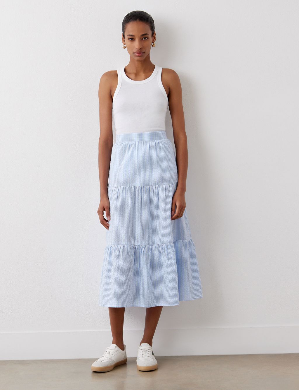Pure Cotton Striped Midi Tiered Skirt