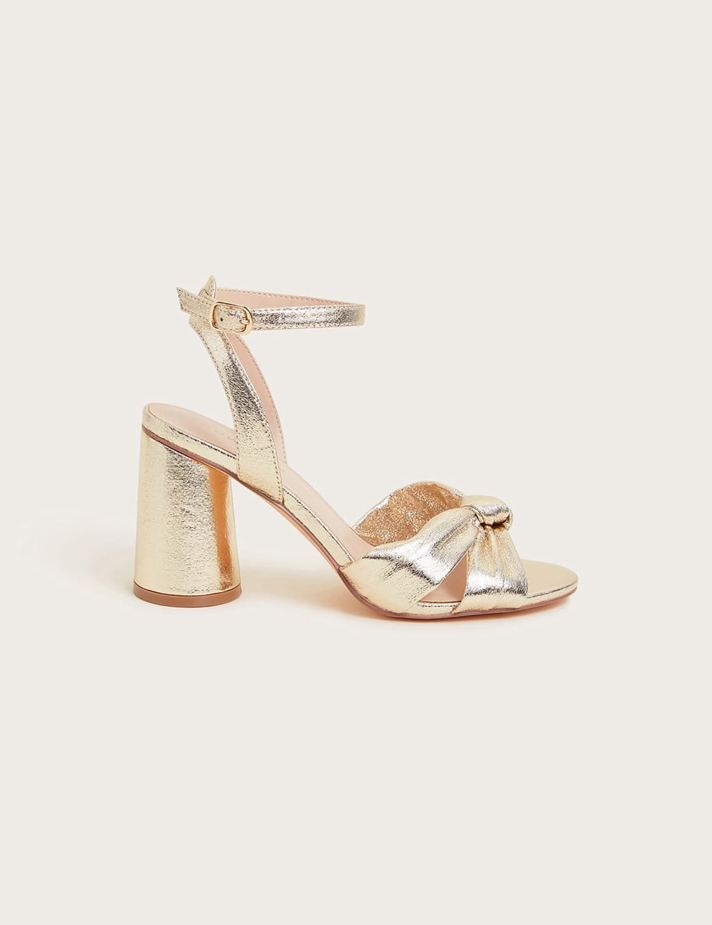 Metallic Knot Ankle Strap Block Heel Sandals